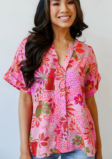 floral print blouse | rose jungle print top | v-neck blouse women | energy saving