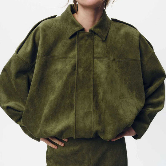 Women's Batwing Sleeve Lapel Suede Texture Effect Pilot Jacket Meifu Market