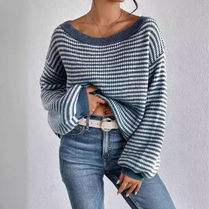 Women's Off-neck Shoulder-baring Sweater Contrast Color Meifu Market