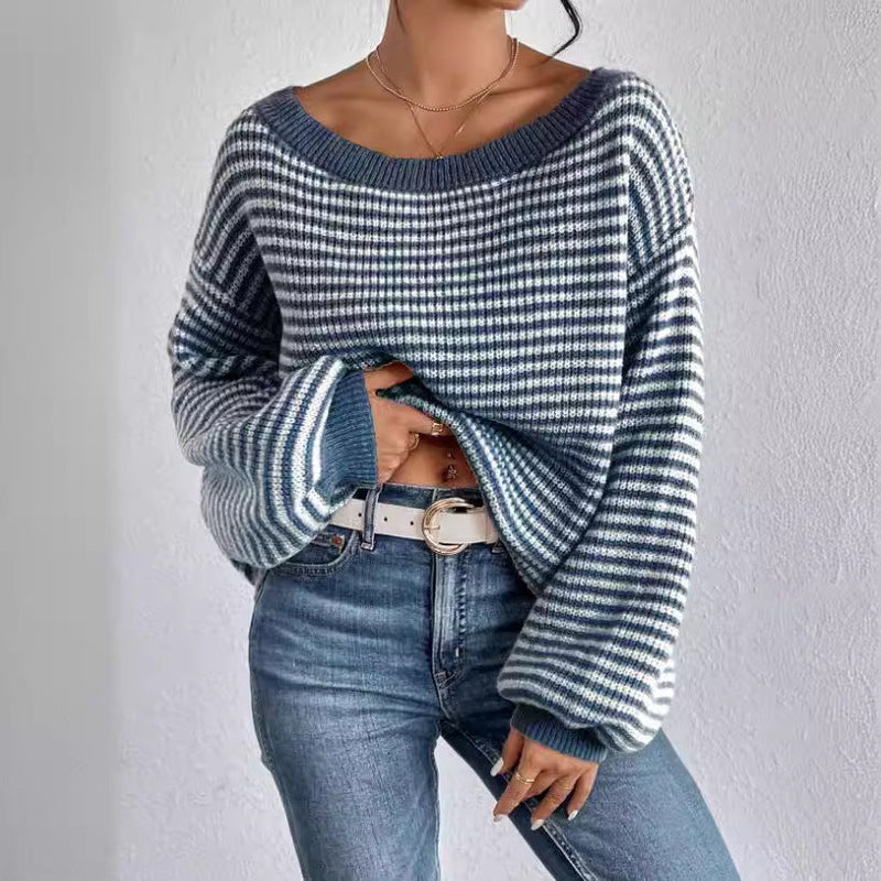 Women's Off-neck Shoulder-baring Sweater Contrast Color Meifu Market