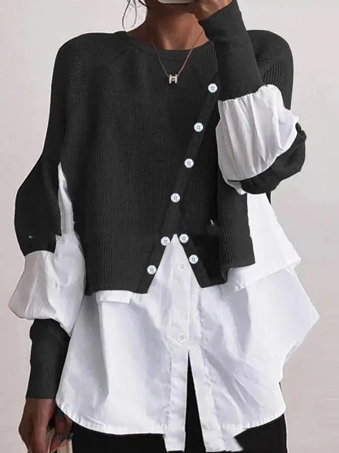 Crew Neck Long Sleeve Knitted Multi-color Patchwork White Shirt Women's Meifu Market