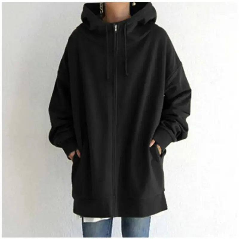 Oversized S-5XL Women Loose Hooded Coats Autumn Female Tie Collar Long Sleeve Zipper Up Add Velvet Long Sweatshirt Meifu Market