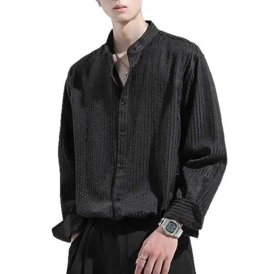 Anti-Wrinkle Seersucker Men's Black Texture Long Sleeve Casual Shirt - main view (material: polyester | color: black |...
