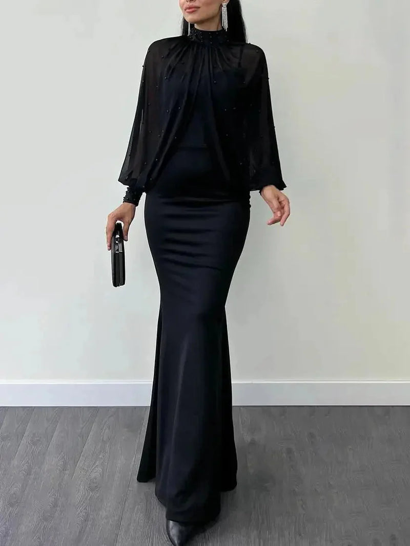 halter neck mesh dress | beaded suspender two-piece set | rhinestone embellished party dress | energy saving