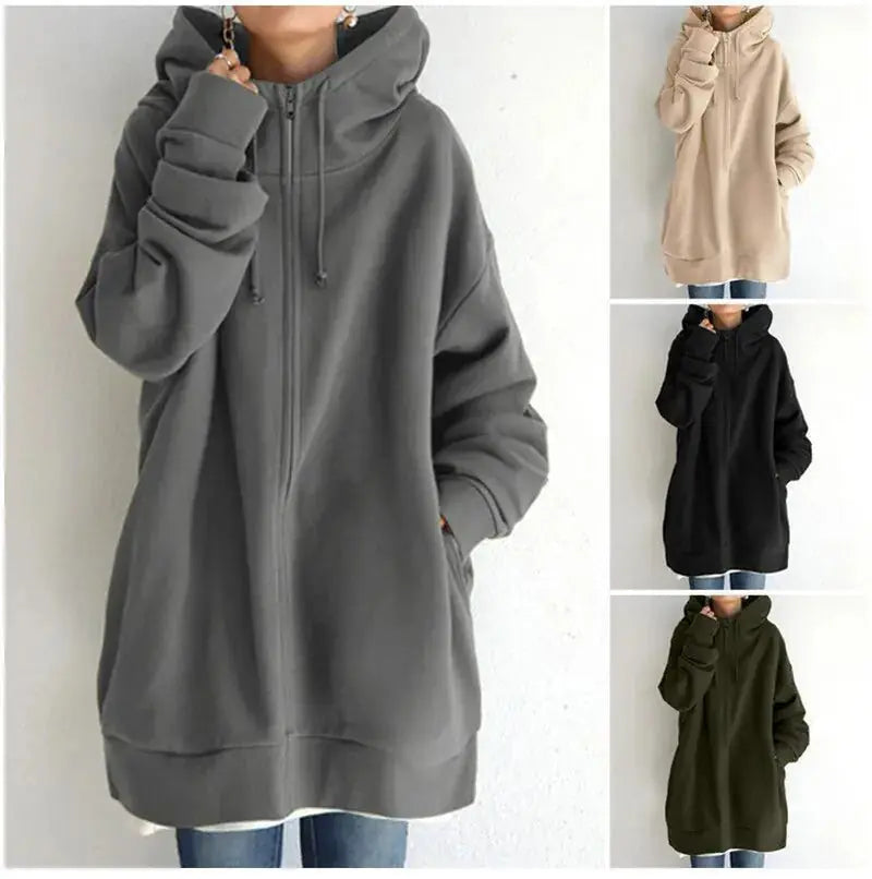 Oversized S-5XL Women Loose Hooded Coats Autumn Female Tie Collar Long Sleeve Zipper Up Add Velvet Long Sweatshirt Meifu Market