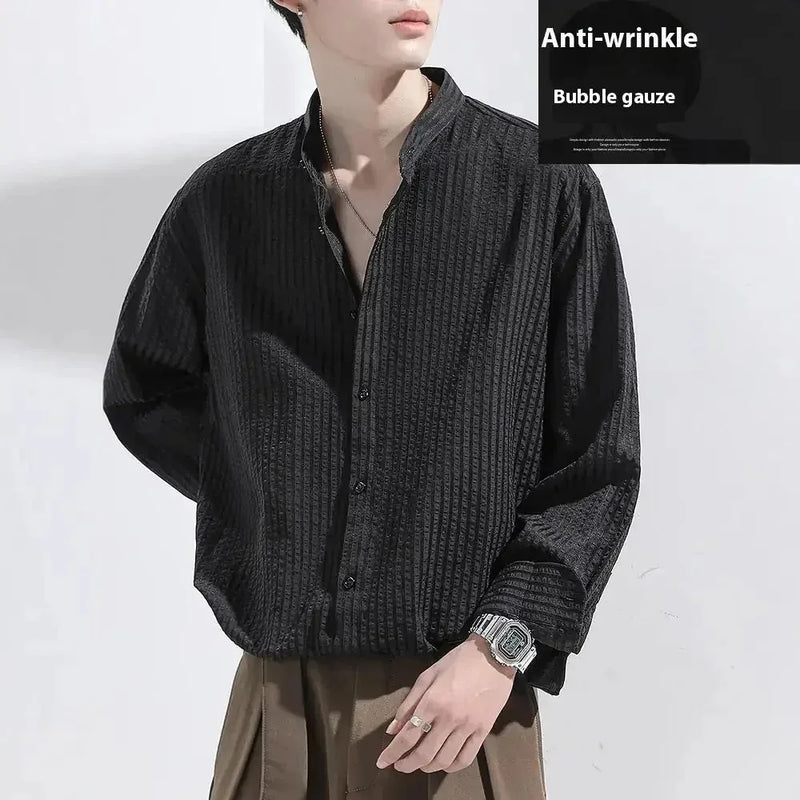 Anti-Wrinkle Seersucker Men's Black Texture Long Sleeve Casual Shirt - Meifu Market