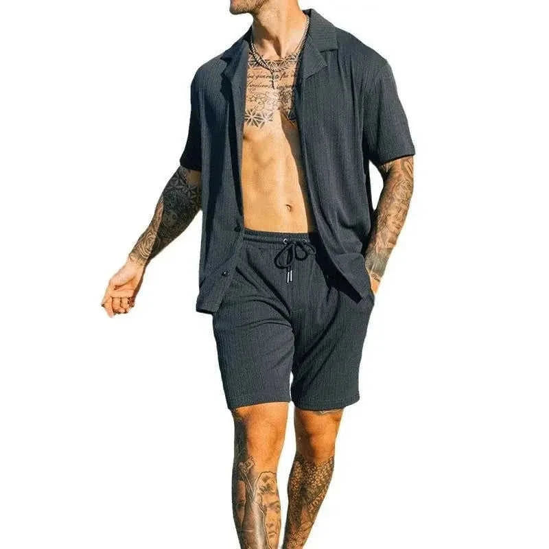 quick-dry fabric shorts set | linen blend summer suit | mens matching shirt shorts set | energy saving