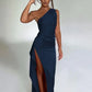 sexy one-shoulder dress | backless slit dress | summer satin dress | energy saving