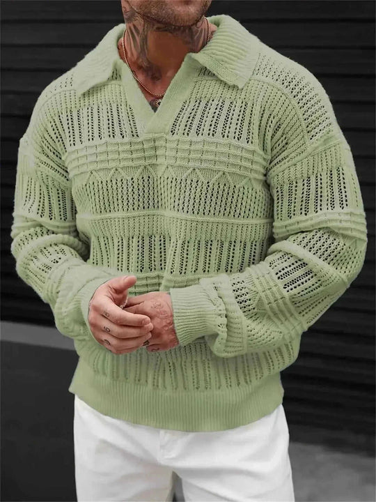 lightweight cotton knitwear | breathable hollow knit fabric | stretchable v-neck sweater | energy saving