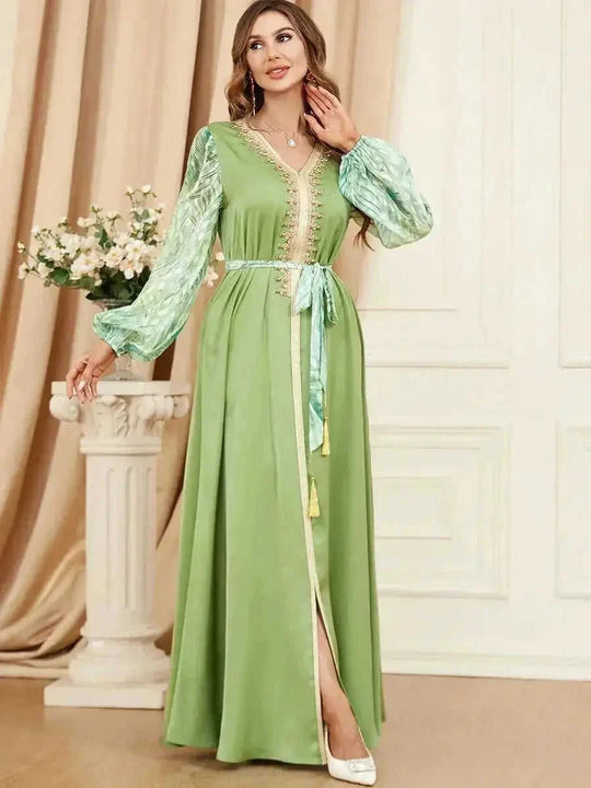 patchwork embroidery dress | long sleeve maxi dress | puff sleeve arabic dress | energy saving