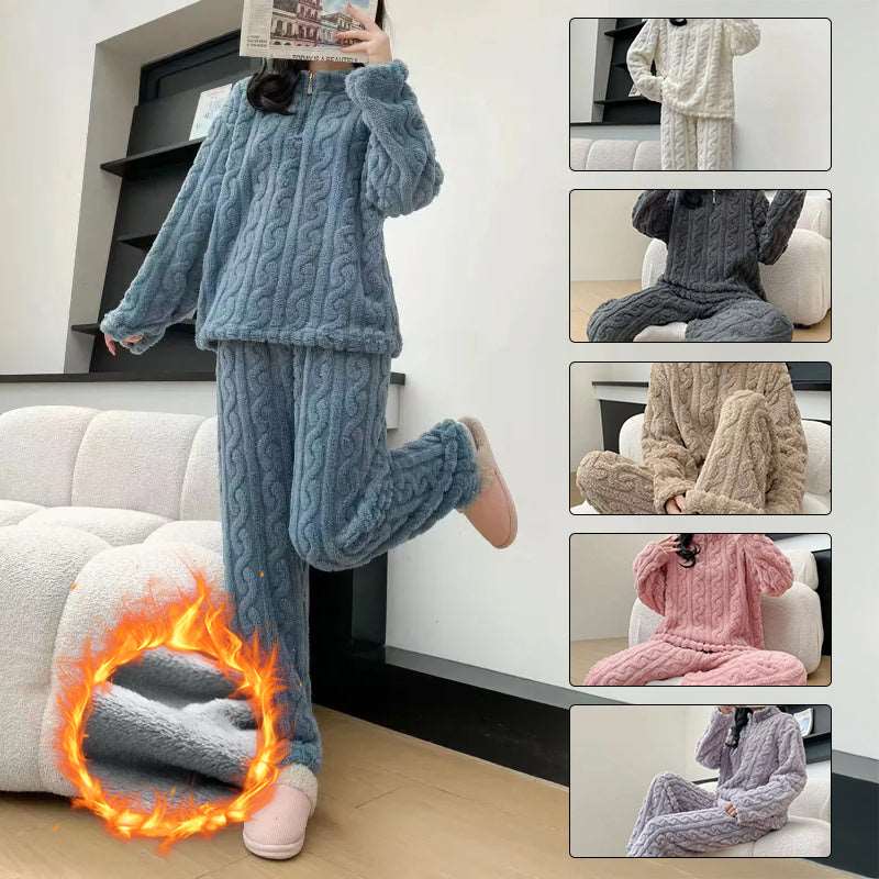 Autumn And Winter New Twist Zipper Couple Fleece-lined Thick Coral Fleece Pajamas Homewear Loungewear Sleepwear For Sleeping Meifu Market