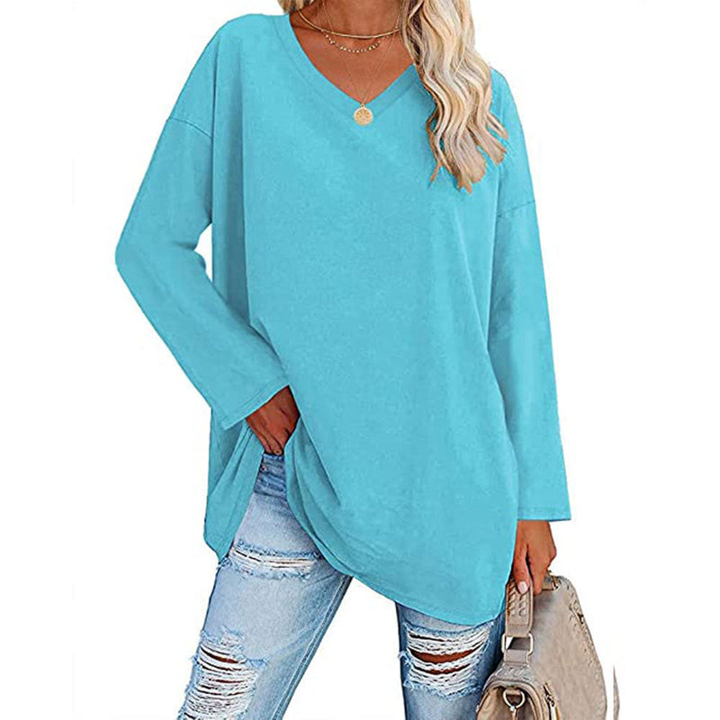 Solid Color Loose Drop Shoulder Sleeve V Neck Long Sleeve Blouse Meifu Market