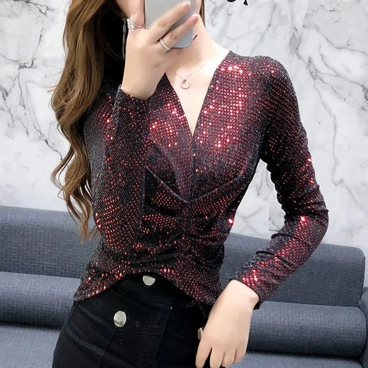 Sparkly Silk Blouse - Women's Elegant Blouse with Glittery Details