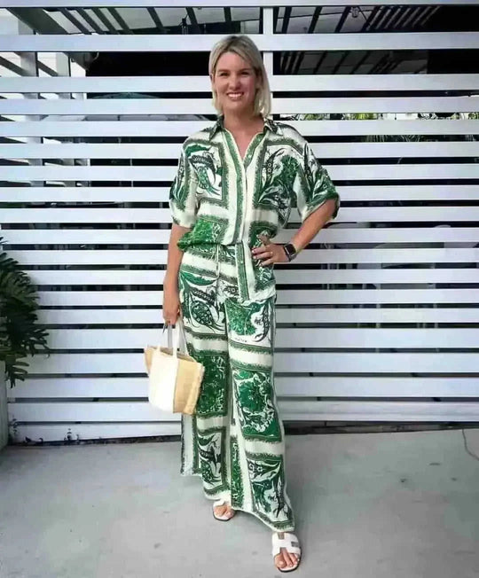 stretch-fabric printed pantsuit | office-to-evening outfit | free shipping today | energy saving