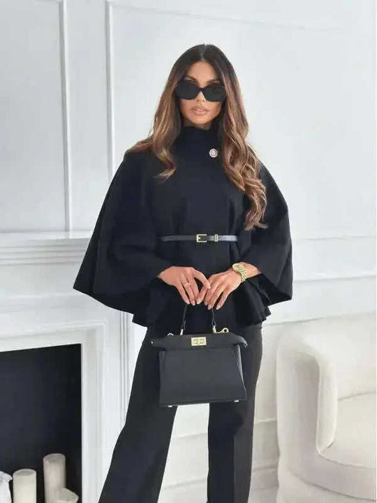 New Stand Collar Batwing Sleeves Cloak Top With Belt Ins Fashion Temperament Jacket Woolen Sweater Outwear For Women Cloth...
