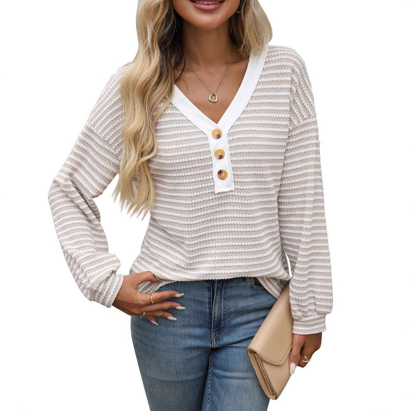 Women's V-neck Buttons Pullover Patchwork Casual Long-sleeved Top Meifu Market
