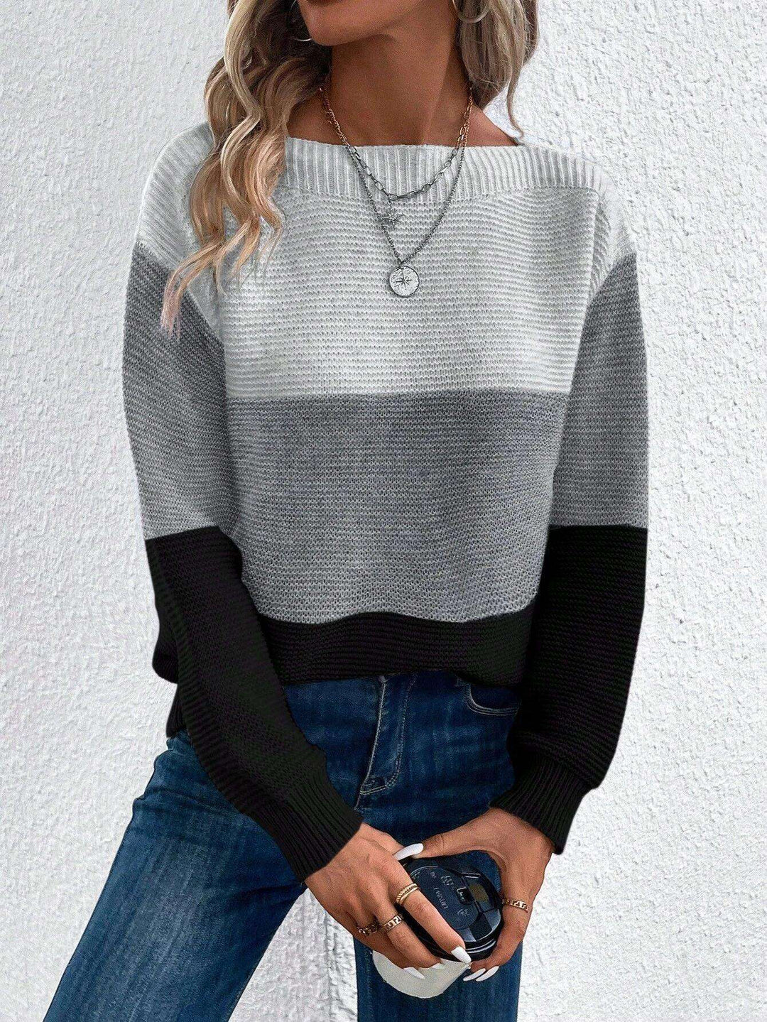 Pullover Knitted Sweater Fashion Round Neck Splicing Knitwear Loose Top Women's Clothing Meifu Market