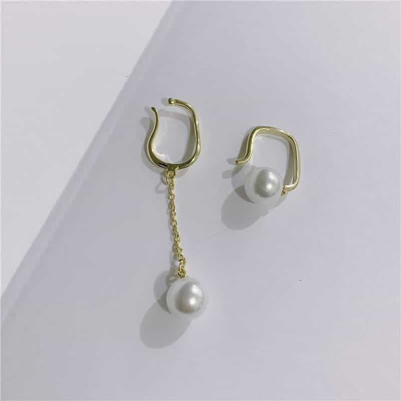 pierced female pearl tassel asymmetric stud earrings 