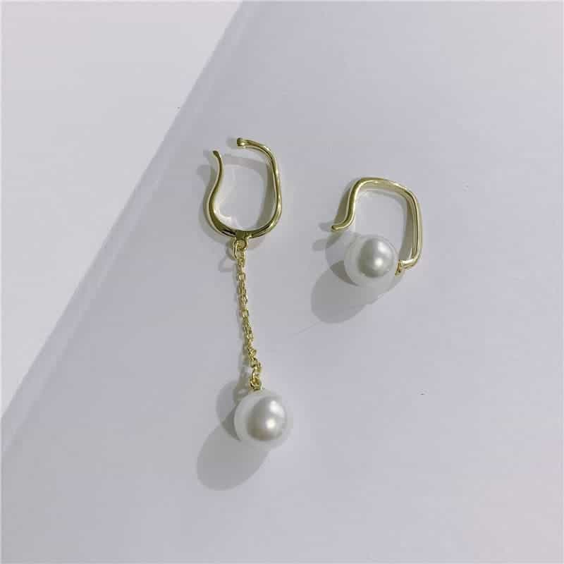 Non-pierced Female Pearl Tassel Asymmetric Stud Earrings