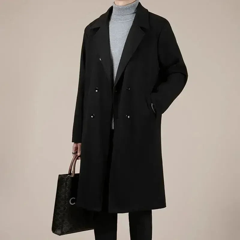 wool blend trench coat | mid-length winter coat | korean style overcoat | ultrasonic cleaning