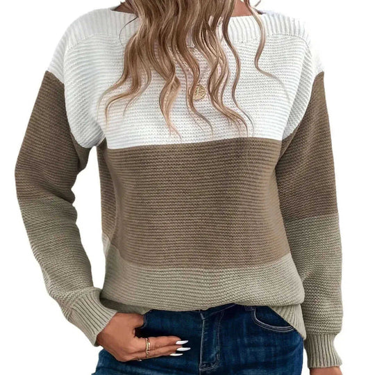 Pullover Knitted Sweater Fashion Round Neck Splicing Knitwear Loose Top Women's Clothing Meifu Market