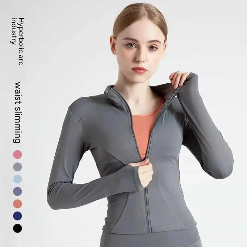 quick-dry fabric | slim-fit yoga jacket | moisture-wicking material | ultrasonic cleaning
