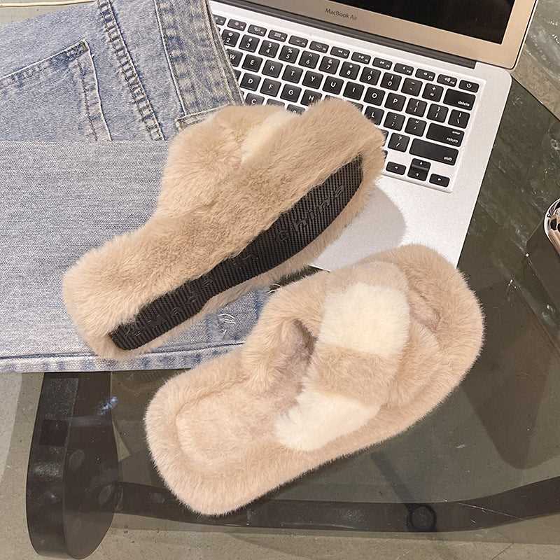 Cross-strap Fuzzy Slippers With 5cm Heel Shoes Women Fashion Winter Indoor Plush House Shoes Meifu Market