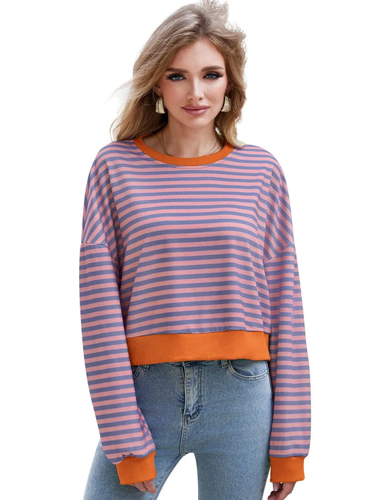 Women's Long Sleeved Striped Round Neck Sweater Top