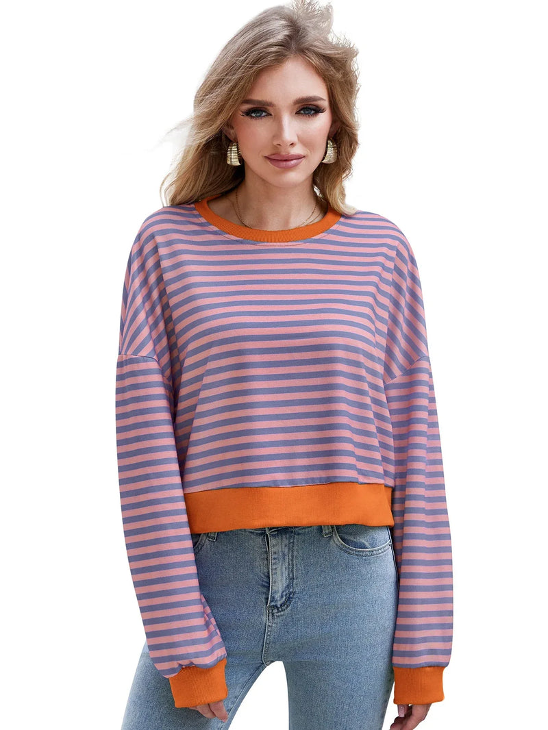 Women's Long Sleeved Striped Round Neck Sweater Top Meifu Market