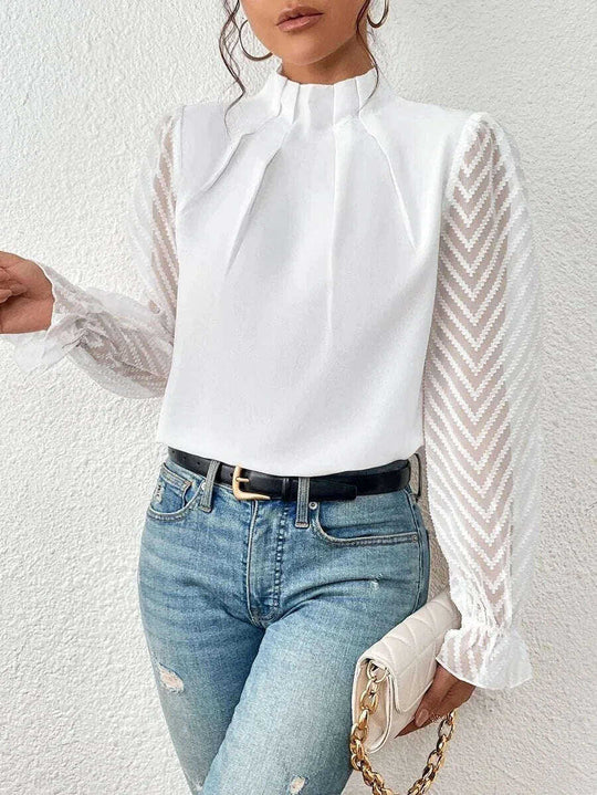Women's Half-turtleneck Stitching Wavy Chiffon Long-sleeved Top Meifu Market
