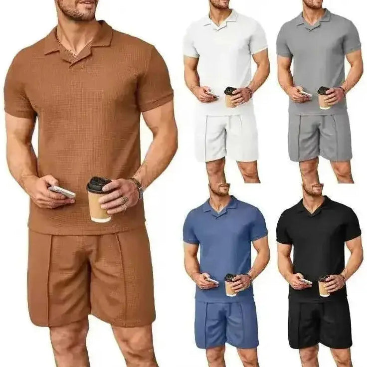 2pcs Set Men V Neck Polo Shirt Lapel Short Sleeve Men's Suit Waffle Style Casual Fashion T-Shirt Summer - main view...