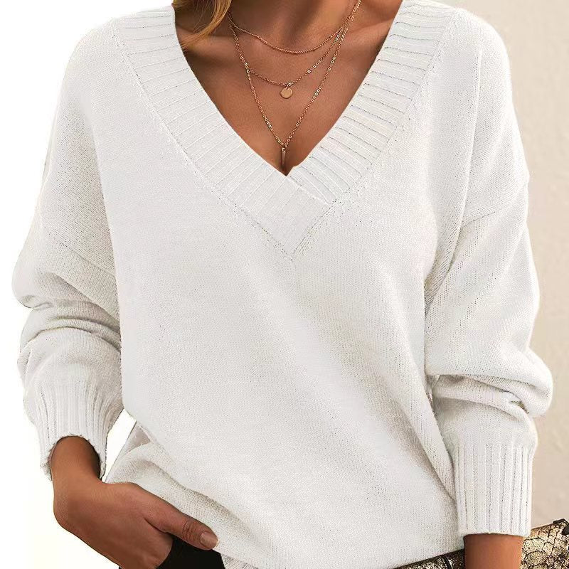 Solid V-neck Sweater Fashion Loose Long-sleeved Knitted Tops Autumn And Winter Women's Clothing Meifu Market