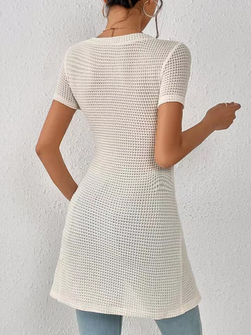 Women's Waffle Button Trim Long Hem Slit Top Meifu Market