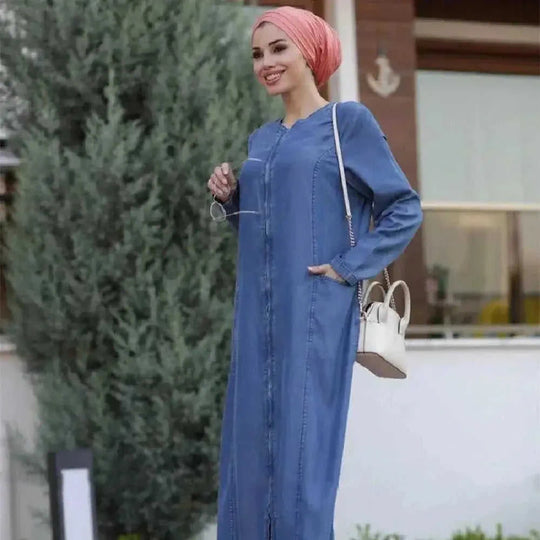 long sleeve denim dress | arabic style dress | zipper stitching details | ultrasonic cleaning