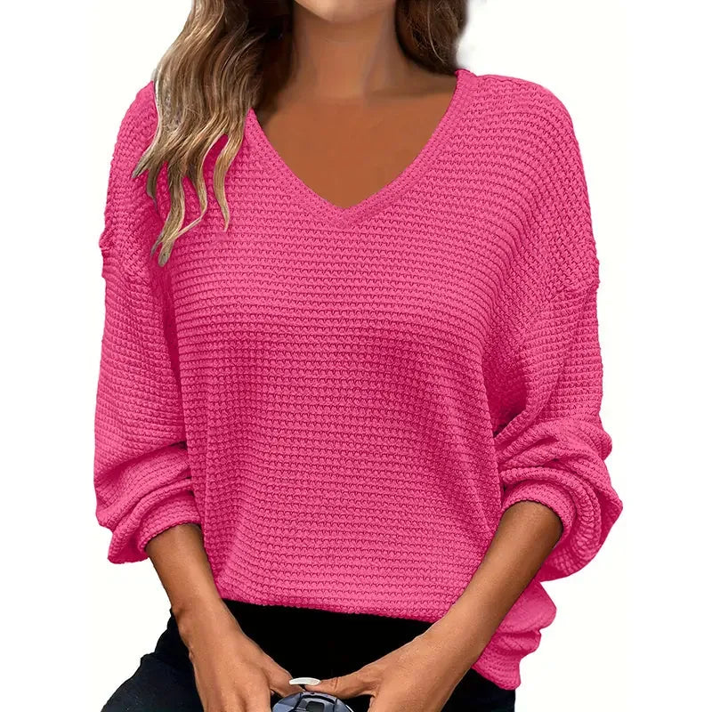 Plus Size Women's Casual V-Neck Pineapple Texture Knit Top Solid Color Long Sleeve Breathable Pullover For Spring Fall Meifu Market