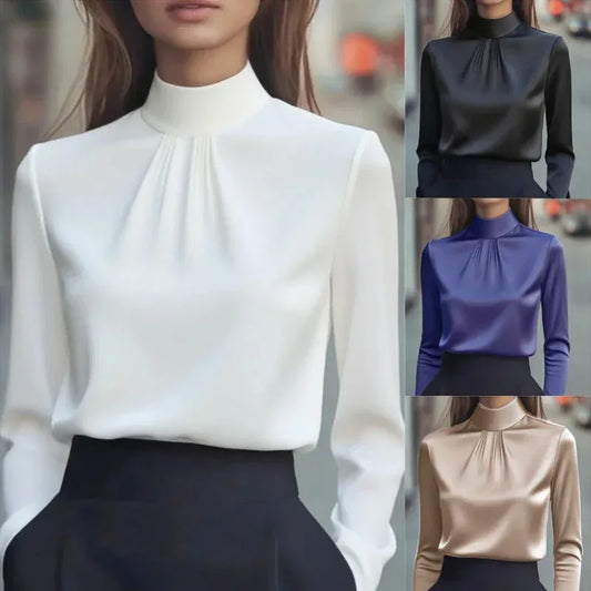 Women's Solid Color Long Sleeve Turtleneck Shirt, Pleated Detail Blouse For Office Wear And Formal Occasions