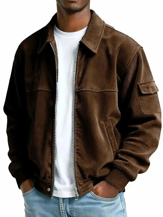 Men's Retro Corduroy Jacket - Casual Long Sleeve Pocket Coat Navy Blue - complete package contents