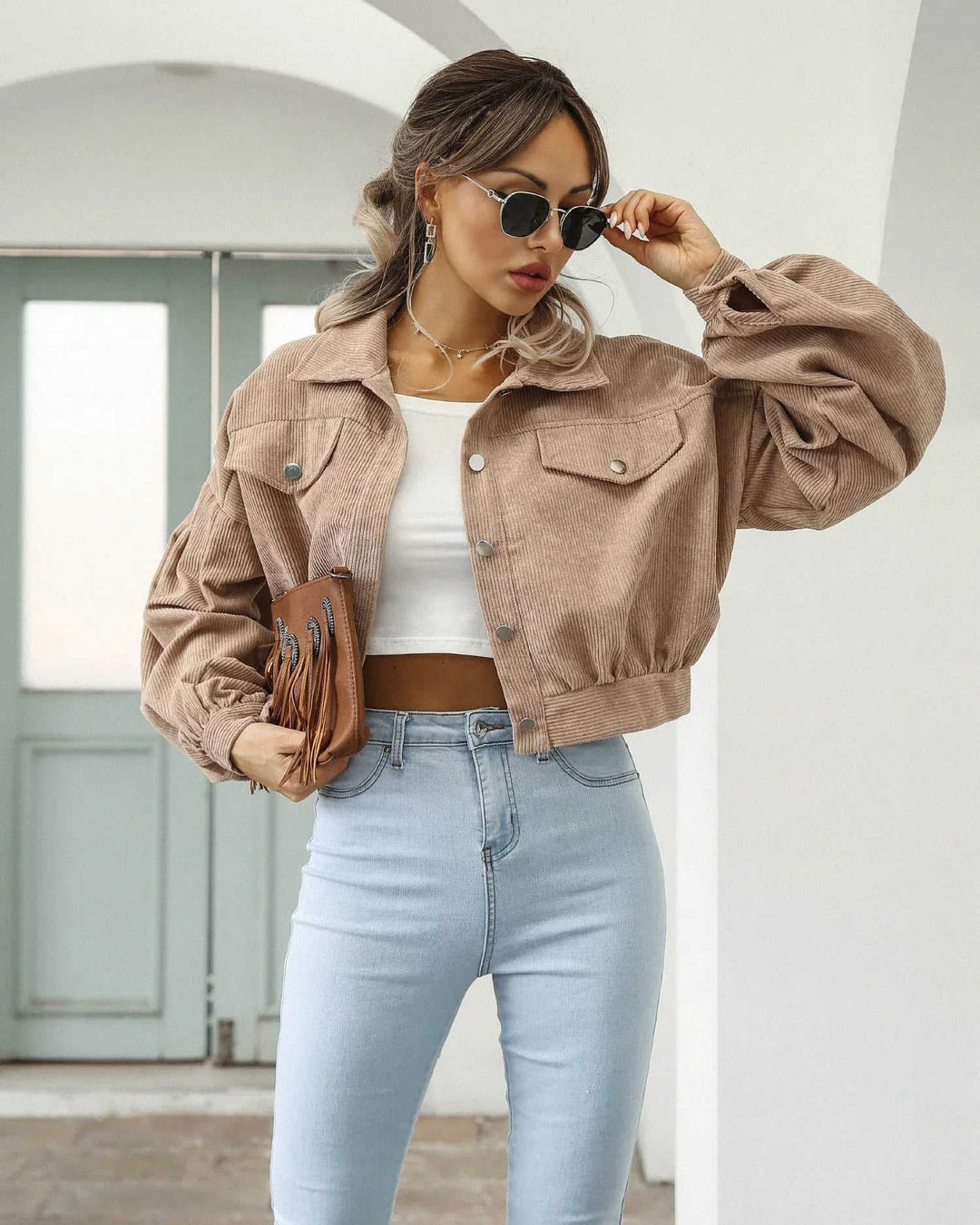 Women's Casual Lapel Corduroy Jacket Short Coat Meifu Market