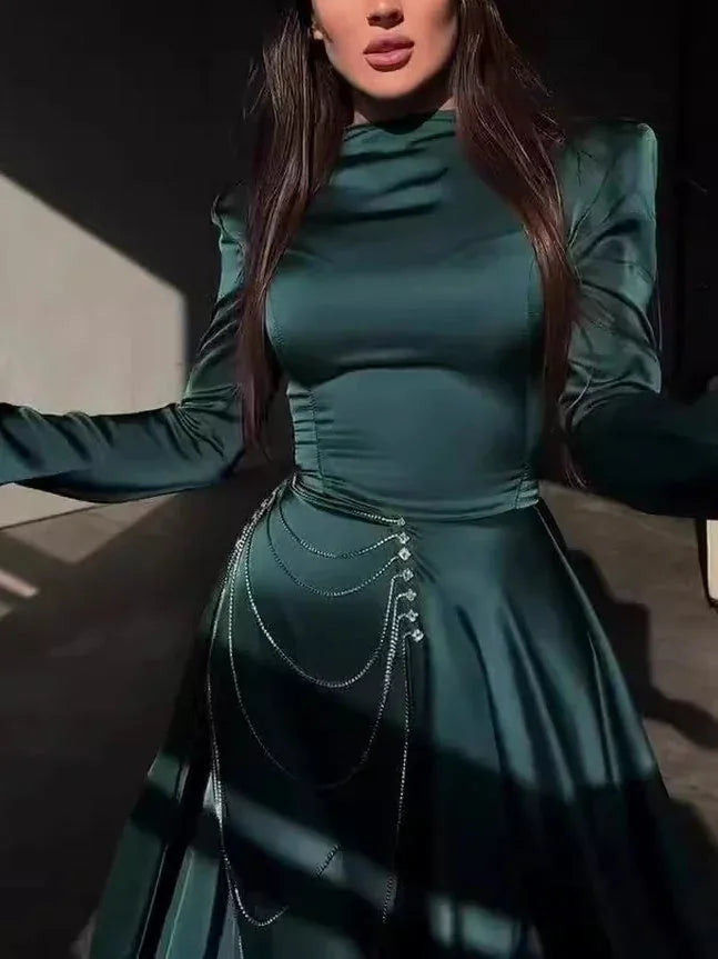 satin fabric maxi dress | studded detail long sleeve | floor length evening gown | energy saving