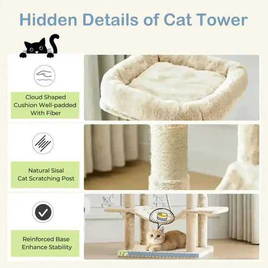 66 Inch Cat Tree Tower, Large Multi-Cat Climbing Extended Platform, Hammock, Pet House For Indoor Cats And Kittens Play -...