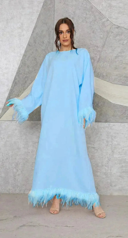 feather detail maxi dress | long sleeve round neck dress | lace-up back dress | ultrasonic cleaning