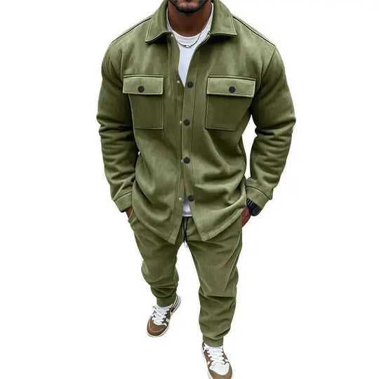 Men's Suede Solid Color Single-breasted Tooling Cardigan Two-piece Set Meifu Market