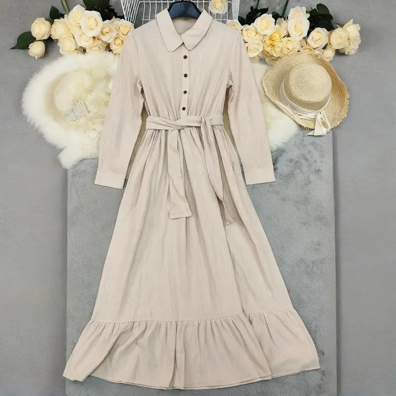 Elegant Women's Fall Dress, Polo Collar Long Sleeve Shirt Dress With Ruffle Tiered Maxi Design Meifu Market