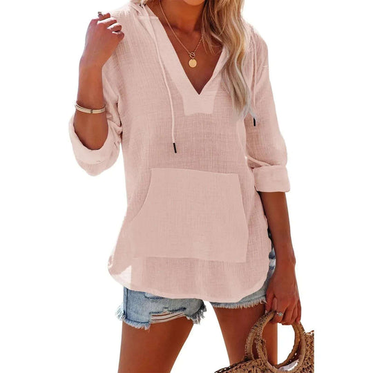 V-neck Hooded Shirt With Pockets Fashion Sports Long-sleeved Split Shirts Tops For Women Clothing Meifu Market