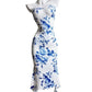 blue and white porcelain print | tube top sheath dress | elegant evening wear | ultrasonic cleaning