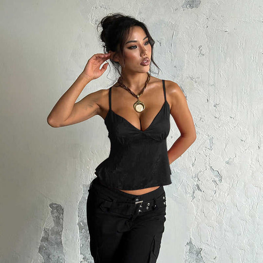 Women's Satin Jacquard V-Neck Slip Top | Floral Loose Tank - Meifu Market