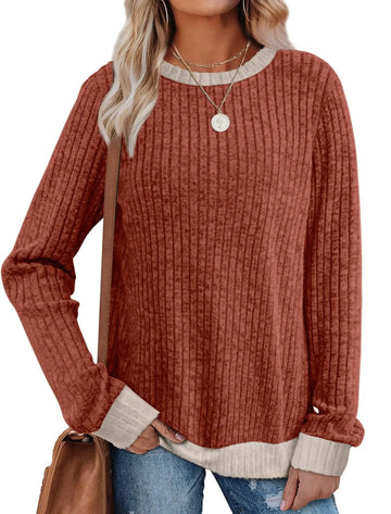Color Matching Casual Round Neck Pullover Long Sleeve Top