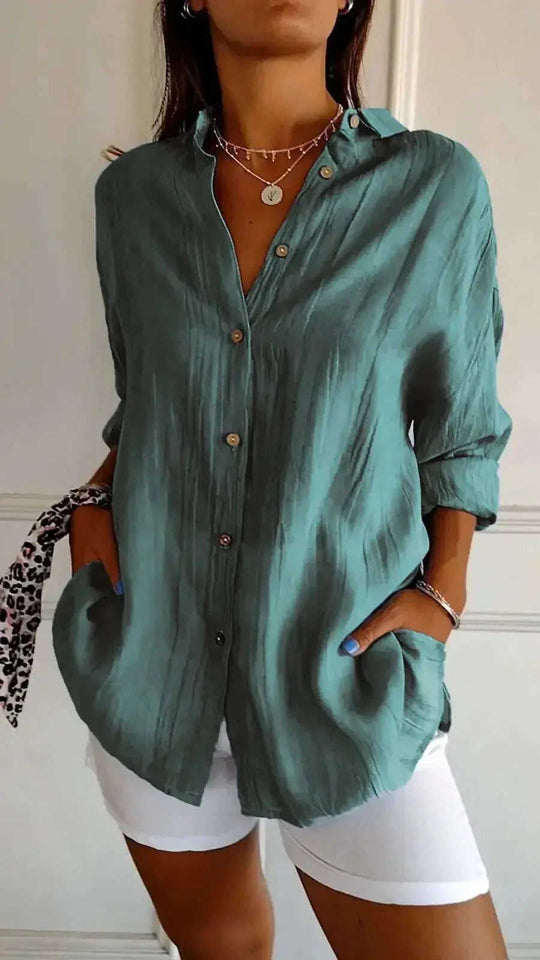 Lapel Long Sleeve Shirt Women's Single-breasted Pleated Shirt Meifu Market