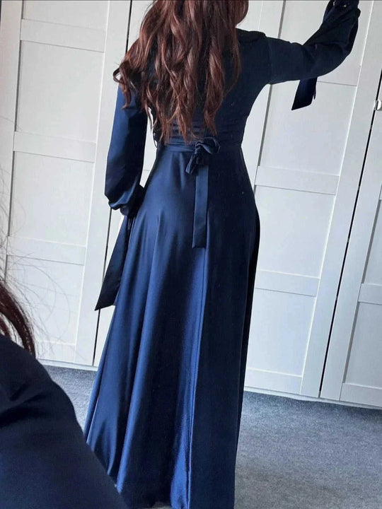 satin fabric maxi dress | plunge neckline long sleeve dress | strappy back evening gown | ultrasonic cleaning