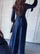 satin fabric maxi dress | plunge neckline long sleeve dress | strappy back evening gown | ultrasonic cleaning